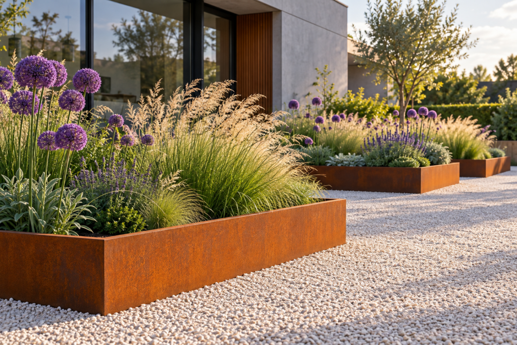 Modern garden with rust-colored weathering steel edging around beds of ornamental grasses and alliums
