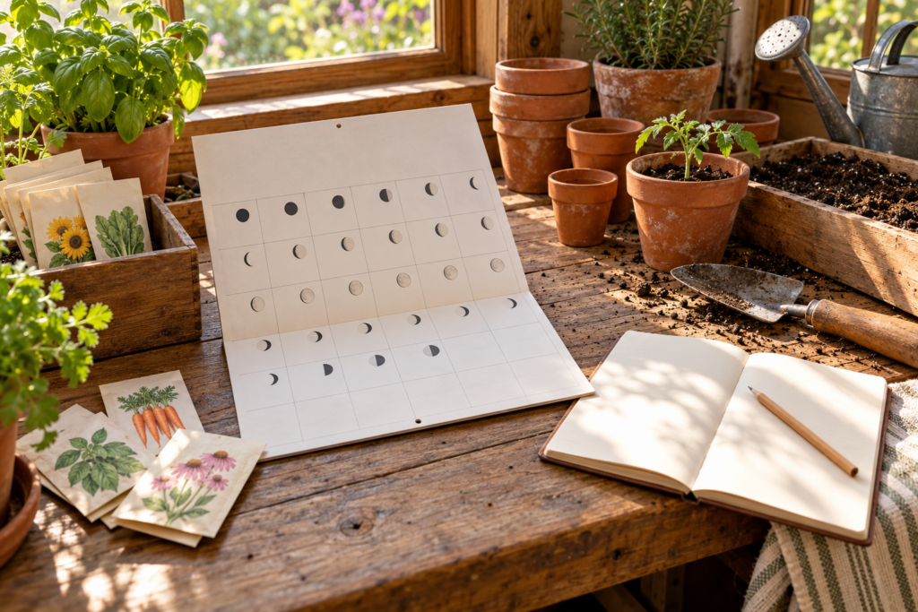 Potting bench with a moon phase planting calendar, seed packets, pots, and a garden notebook