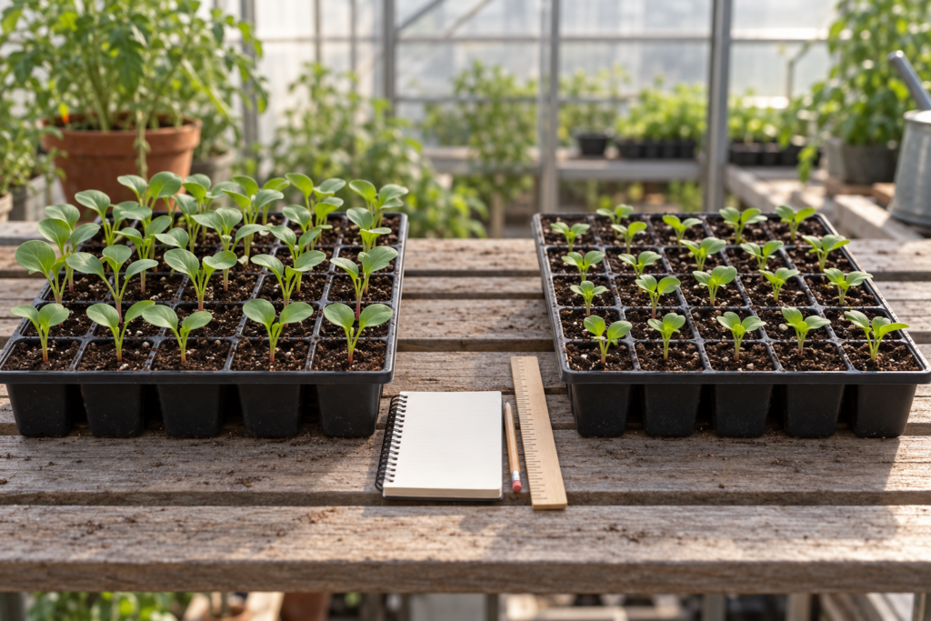 Two seed trays of radish seedlings compared side by side for a moon planting trial