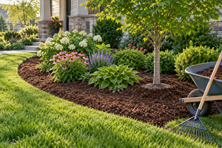 Freshly mulched garden bed with shredded bark around perennials, shrubs, and a young tree beside a lawn