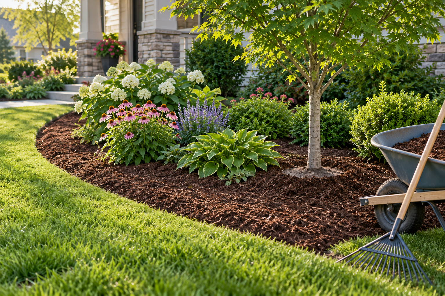 Freshly mulched garden bed with shredded bark around perennials, shrubs, and a young tree beside a lawn