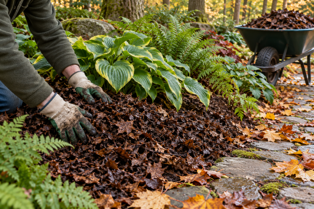 Mulching a shade garden bed with shredded leaves around hostas and ferns