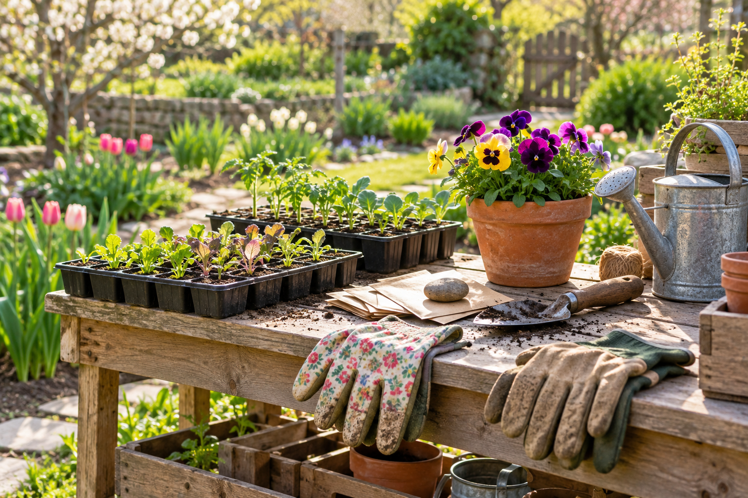 Potting bench with seedling trays, seed envelopes, gloves and a watering can in a spring garden on National Gardening Day