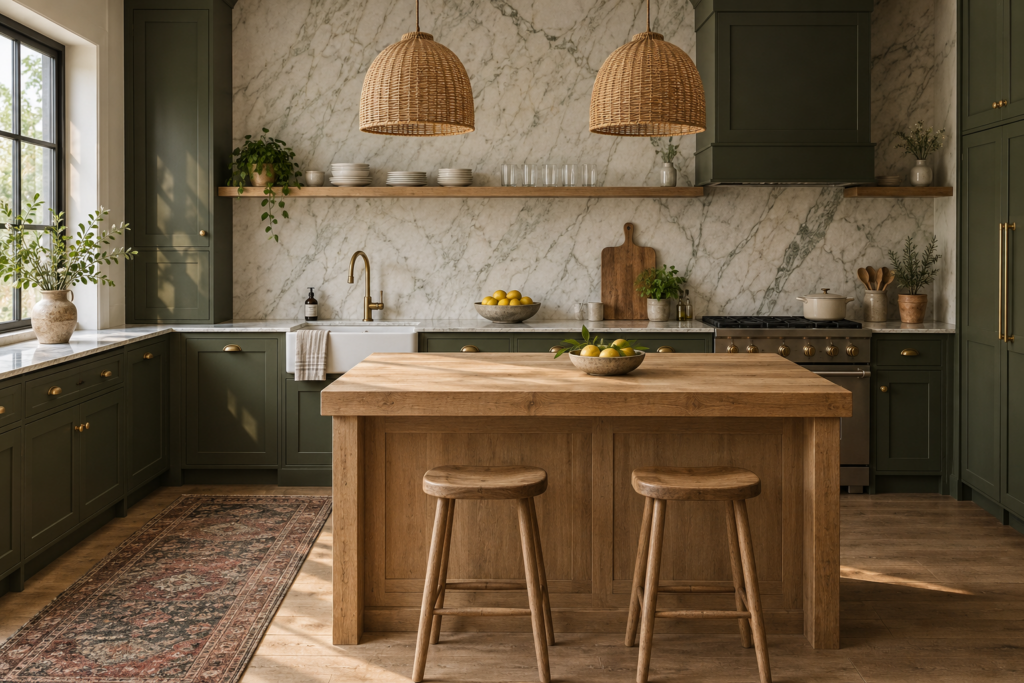 Olive green kitchen with a marble backsplash, brass hardware, an oak open shelf, and a butcher block island