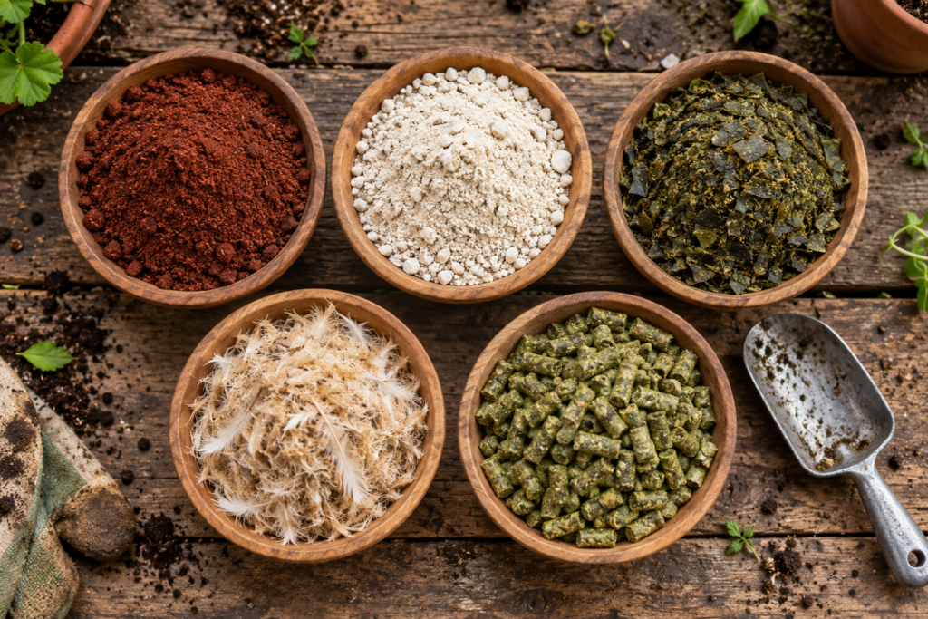Bowls of organic fertilizers including blood meal, bone meal, kelp meal, feather meal, and alfalfa pellets
