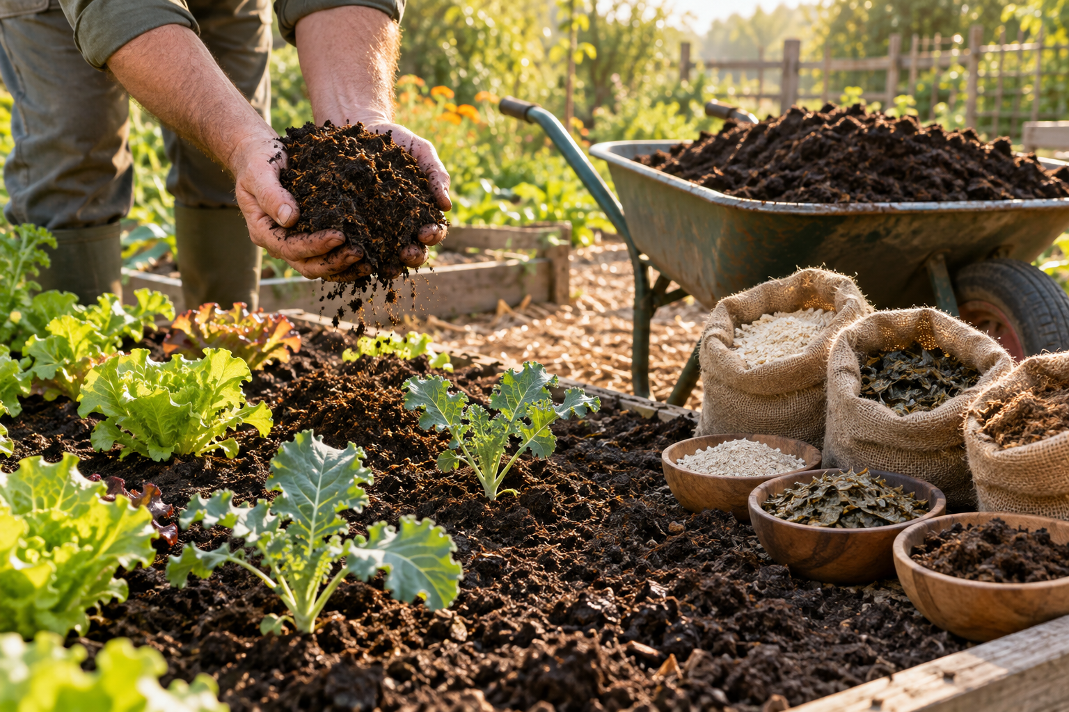 Hands holding dark compost over a vegetable bed with bowls of organic fertilizer materials nearby