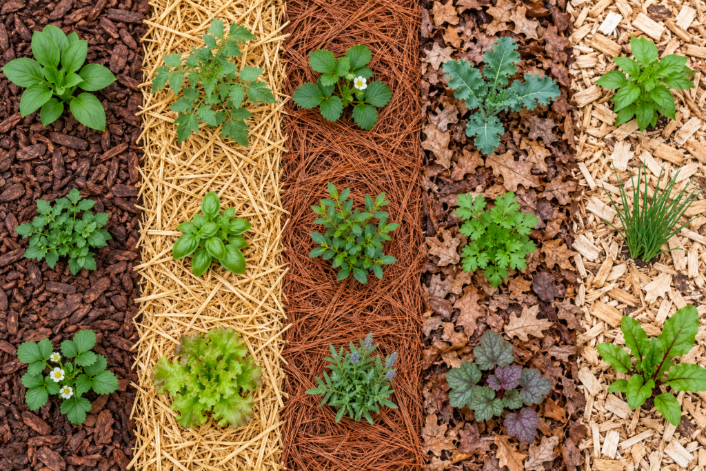 Different organic mulch types including shredded bark, straw, pine needles, shredded leaves, and wood chips