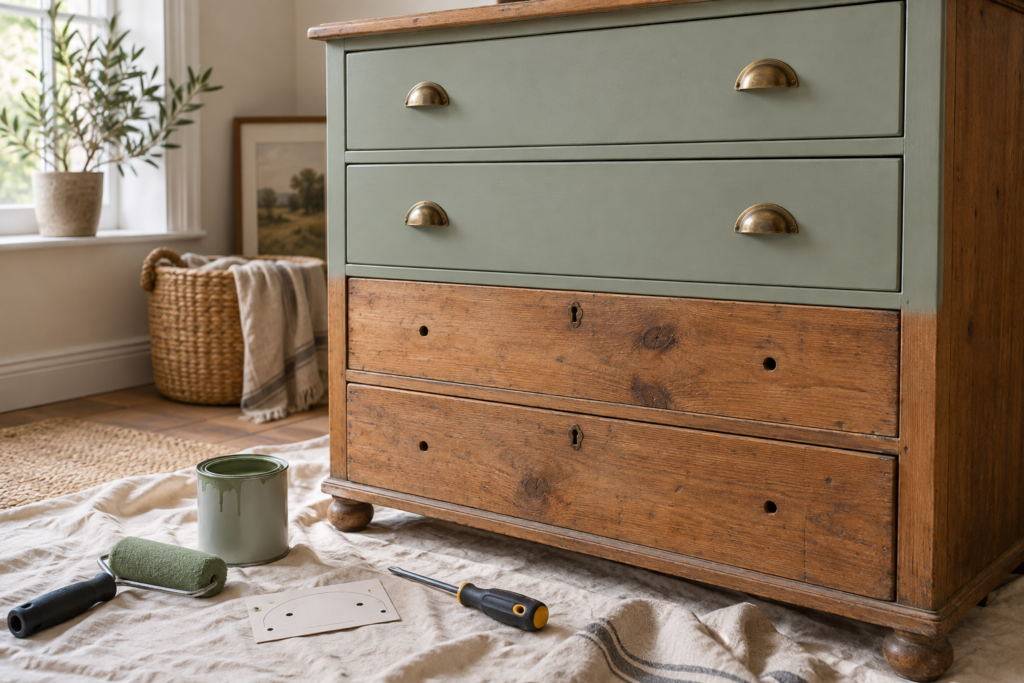 Chest of drawers partly repainted in sage with new brass handles and painting supplies beside it