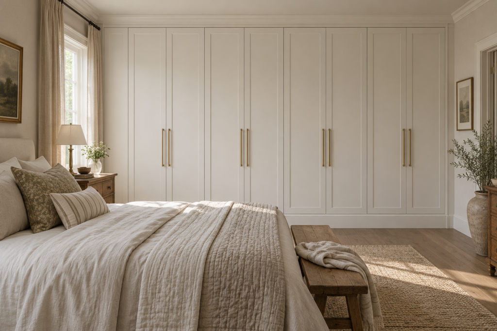 PAX wardrobes finished with crown moulding and brass pulls to look built-in in a cozy bedroom