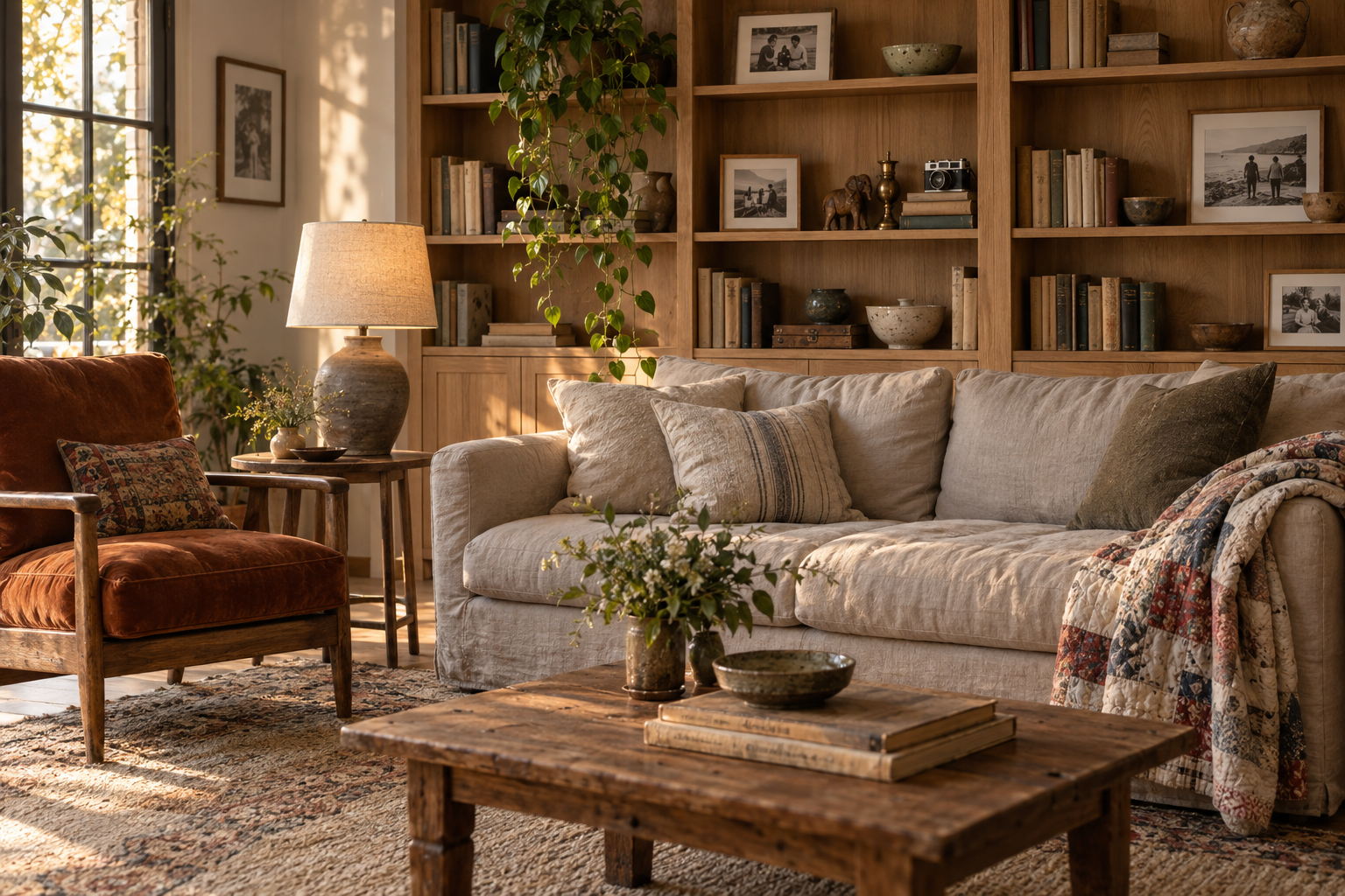 Cozy living room with custom oak shelving, framed family photos, a reupholstered heirloom armchair, and handmade ceramics