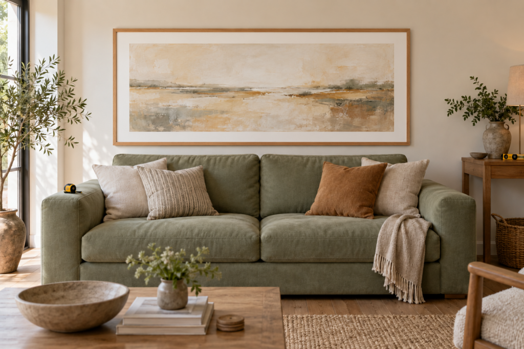 Large framed artwork hung at the correct height above a sofa with a measured gap and a tape measure nearby