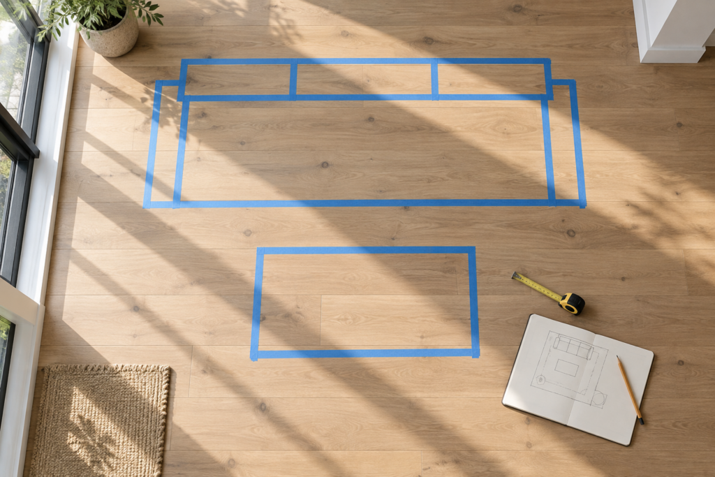 Painter's tape marking out furniture positions on a floor beside a hand-drawn room plan