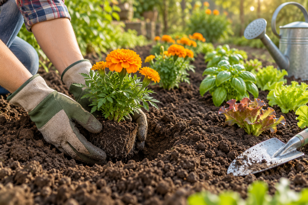 Planting a marigold transplant into garden soil beside young basil and lettuce seedlings
