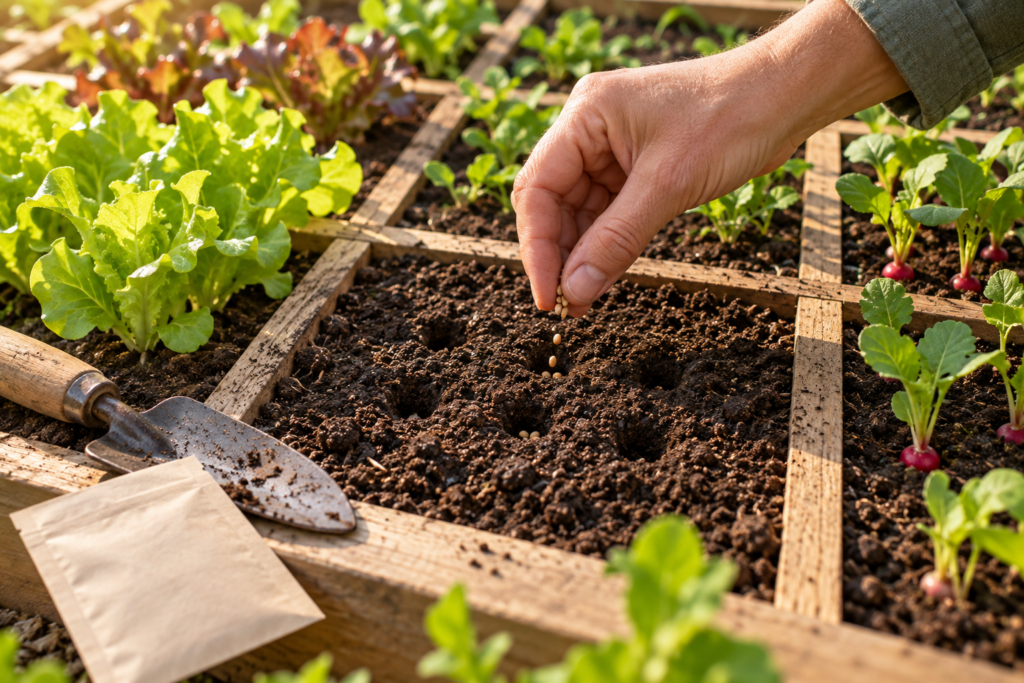 Planting a pinch of seeds into evenly spaced holes within one square of a square foot garden
