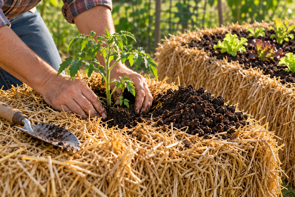 Planting a tomato transplant into a pocket in a conditioned straw bale with potting mix