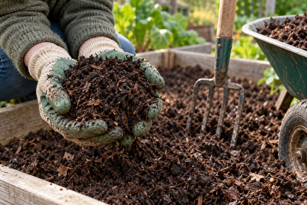 Gloved hands holding dark crumbly compost over a raised bed being prepared for vegetables