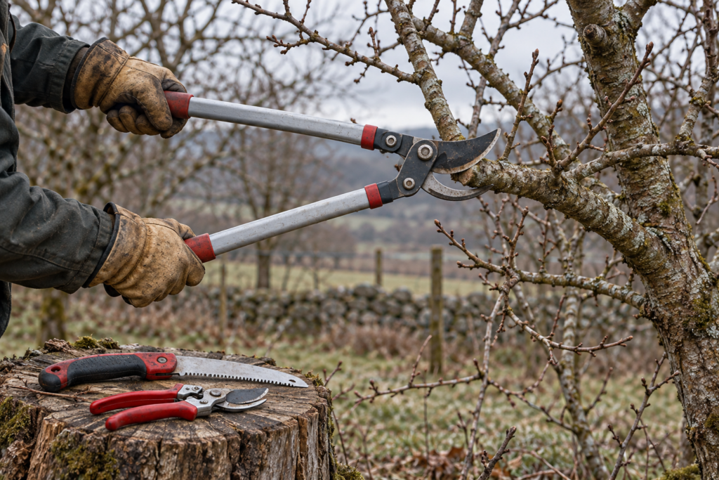 Leather-gloved hands pruning an apple tree branch with loppers beside a folding pruning saw and secateurs