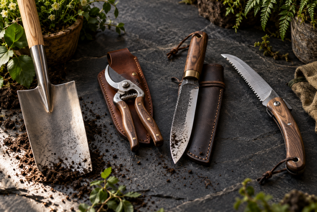 Forged ash-handled spade, professional secateurs with holster, soil knife and folding pruning saw on slate