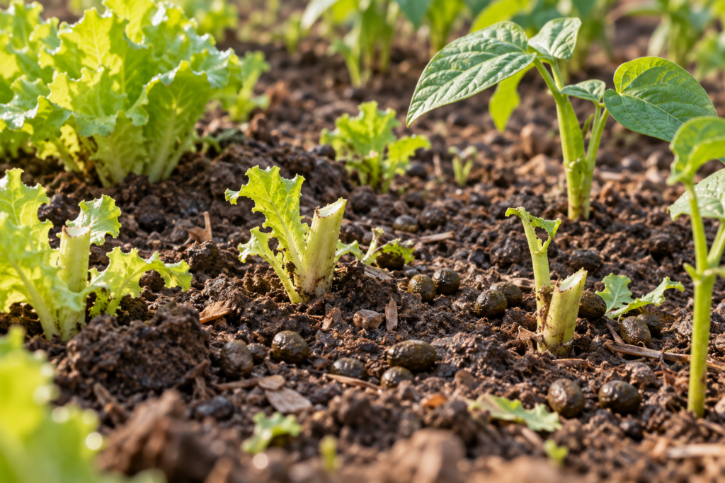Lettuce and bean seedlings with clean angled rabbit bite marks and droppings on the soil