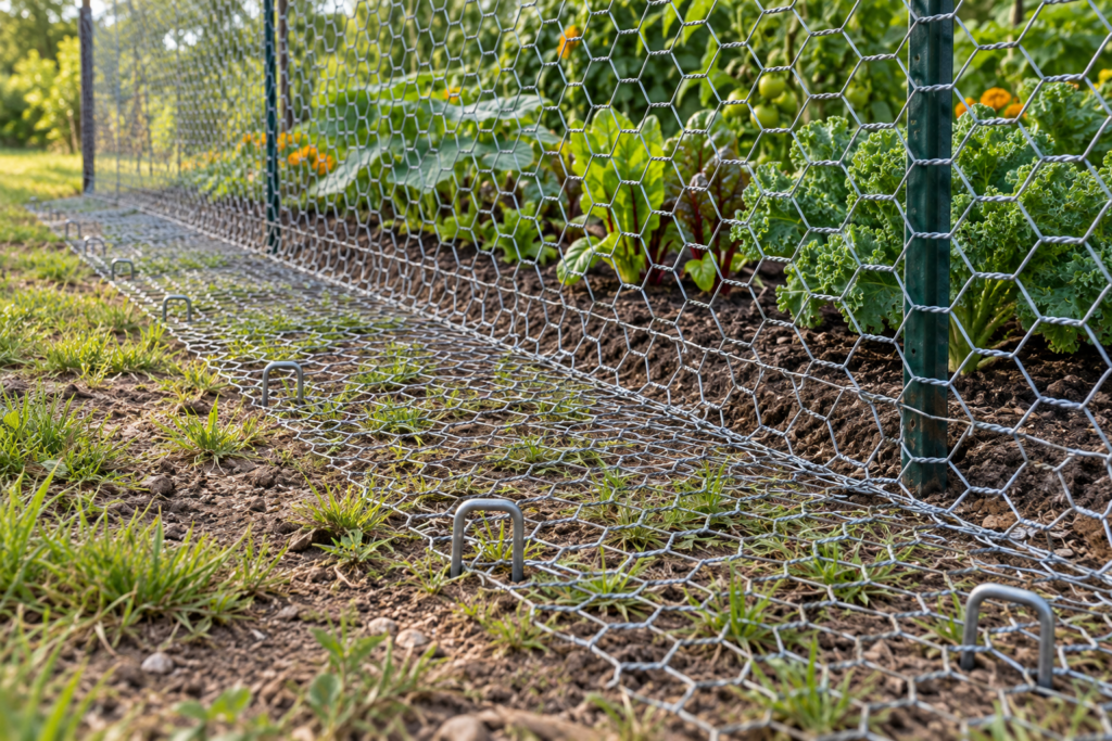 Chicken wire rabbit fence with an L-shaped apron pinned along the ground to stop digging