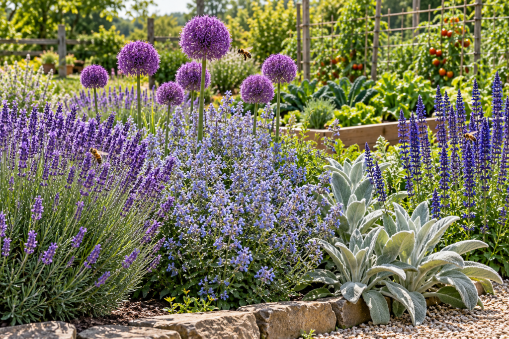 Garden border of rabbit-resistant lavender, catmint, alliums, lamb's ears, and salvia