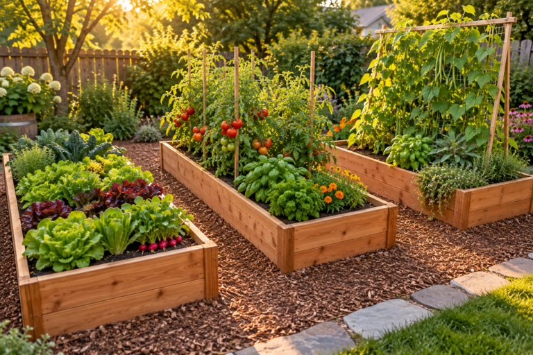 Backyard raised bed gardening layout with cedar beds growing lettuce, tomatoes, herbs, and climbing beans