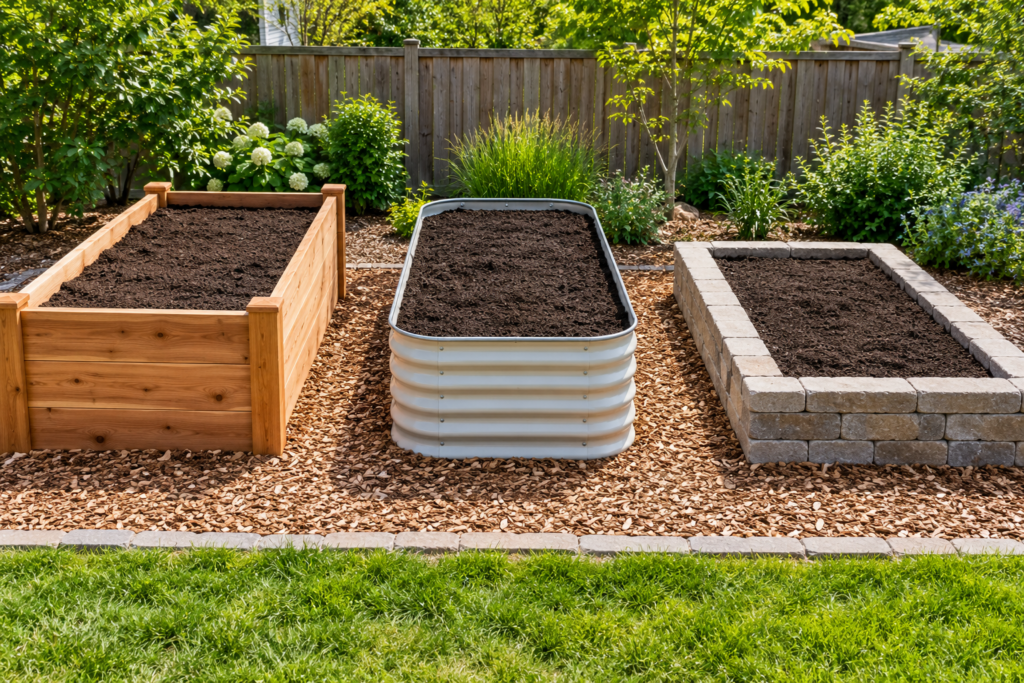 Cedar, galvanized steel, and stone-block raised garden beds side by side in a sunny backyard