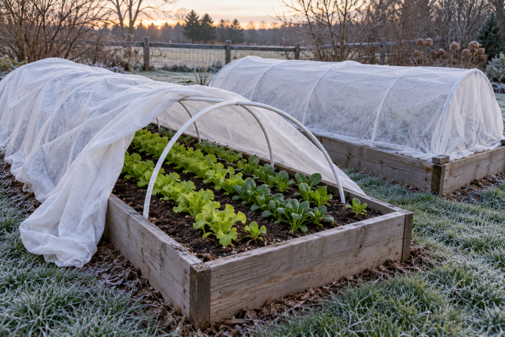 Raised beds covered with hoops and frost cloth protecting young lettuce and spinach seedlings in early spring