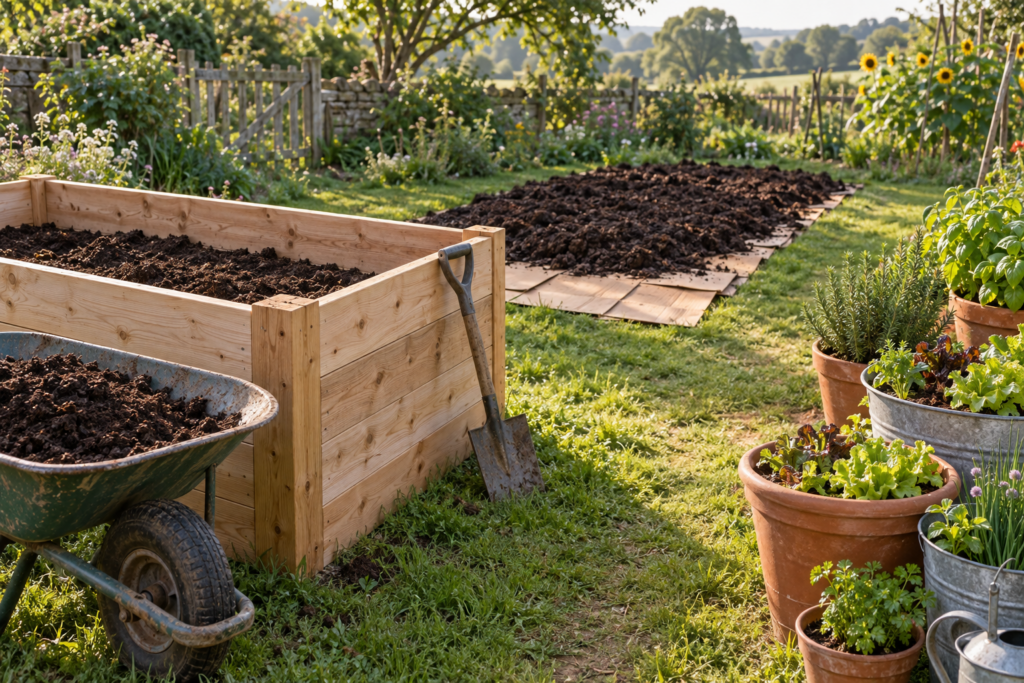 Garden showing a cedar raised bed being filled, an in-ground bed sheet mulched with cardboard, and planted containers