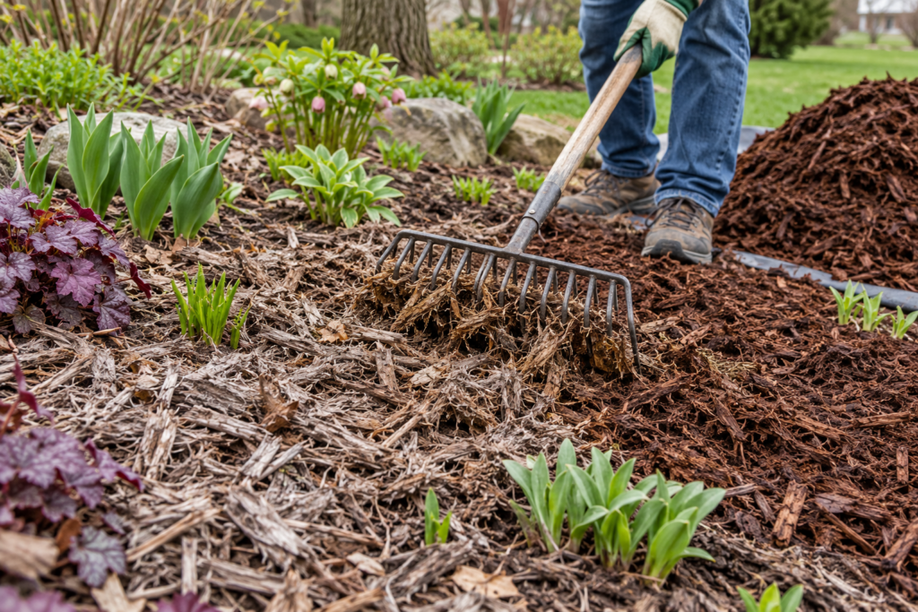 Raking old matted mulch in a perennial bed before topping up with fresh mulch