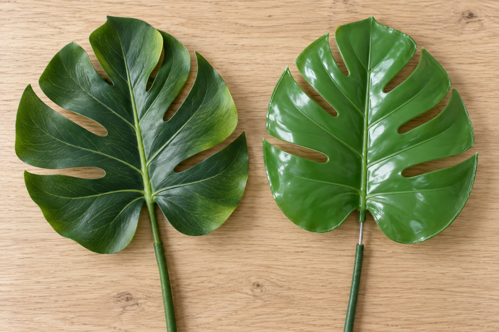 Close comparison of a realistic matte faux monstera leaf beside a glossy cheap artificial leaf with a visible seam