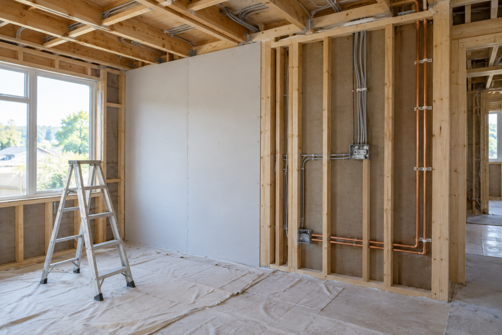 Room at first-fix stage with new wiring and pipework run through exposed studwork