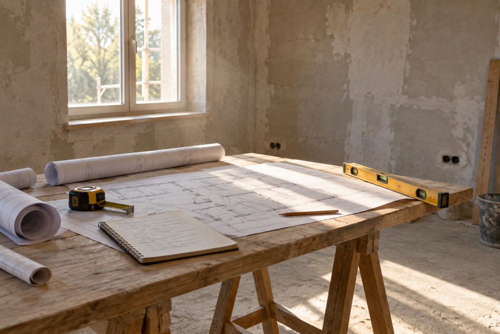 Floor plans, tape measure and notebook on a trestle table in an empty room being assessed