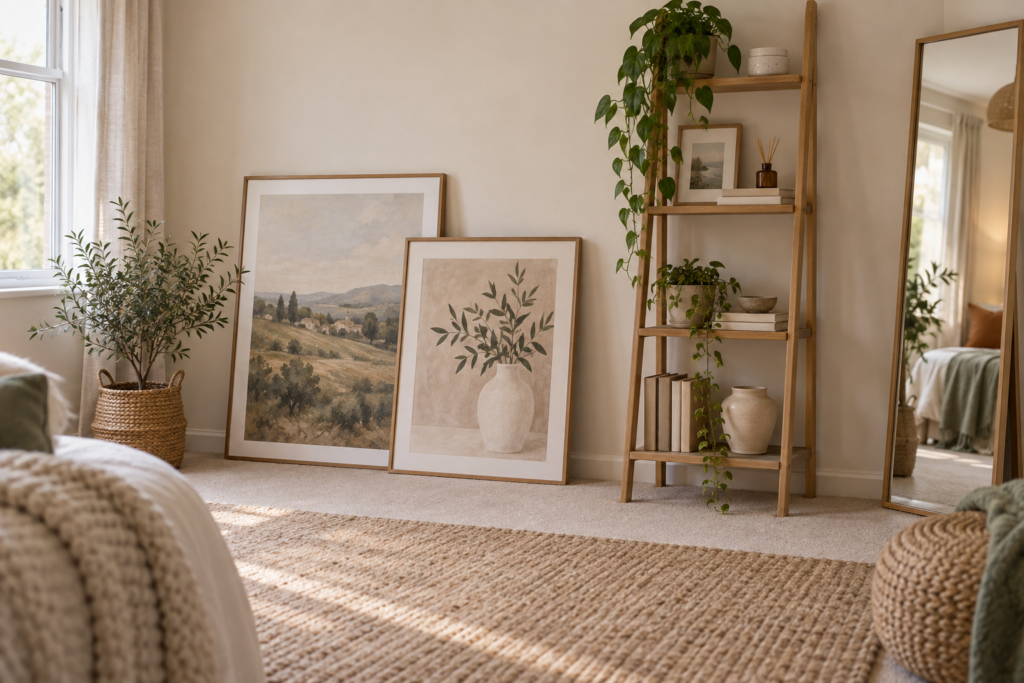 Rental wall display with large artworks leaning on the floor, a ladder shelf and a full-length leaning mirror