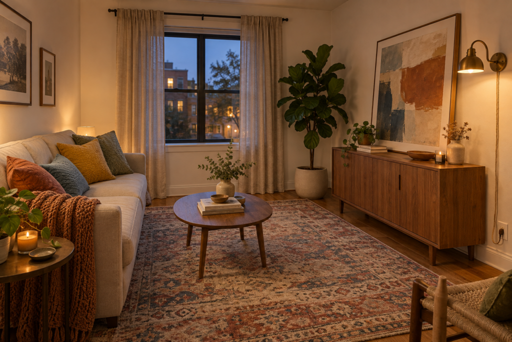 Rental apartment living room with leaning oversized art, a plug-in wall sconce, a large patterned rug, and linen curtains