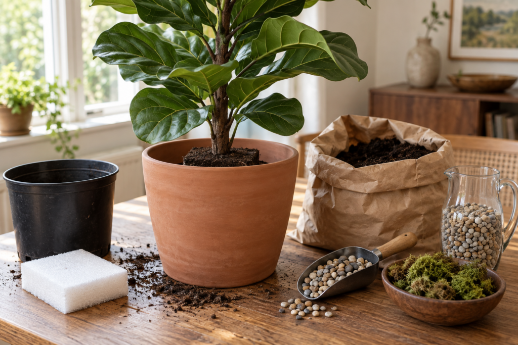 Artificial fiddle leaf fig being repotted into a terracotta pot with real soil, pebbles and moss and the foam block removed