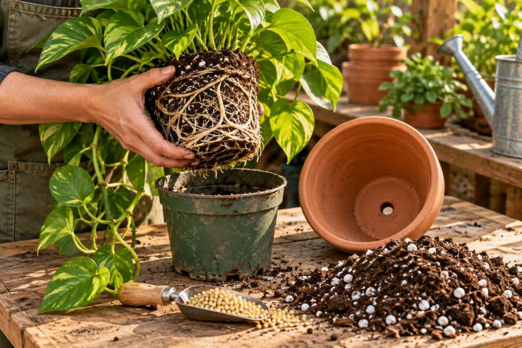 Repotting a pothos into a slightly larger pot with fresh potting mix and slow-release fertilizer