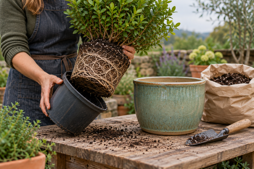 Repotting a root-bound container plant into a slightly larger pot with fresh potting mix