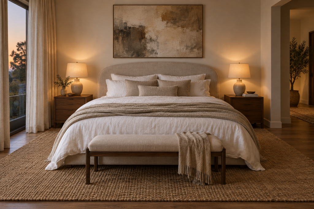Calm bedroom with a curved linen headboard, walnut nightstands with warm lamps, high-hung curtains, and a large jute rug