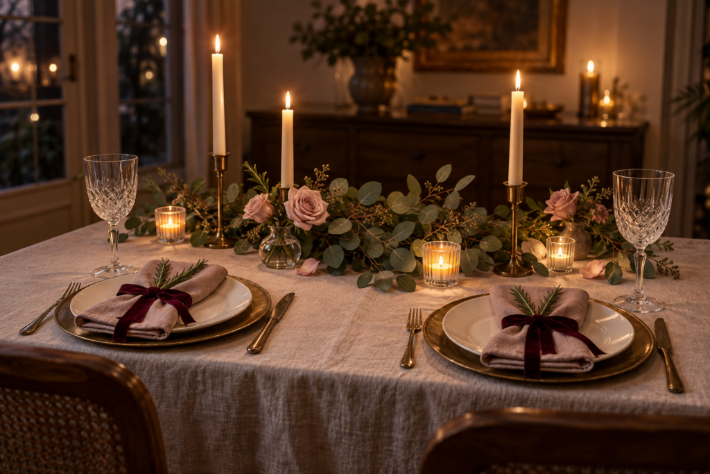 Candlelit Valentine's dinner table for two with linen napkins tied in velvet ribbon, taper candles, eucalyptus, and pink roses
