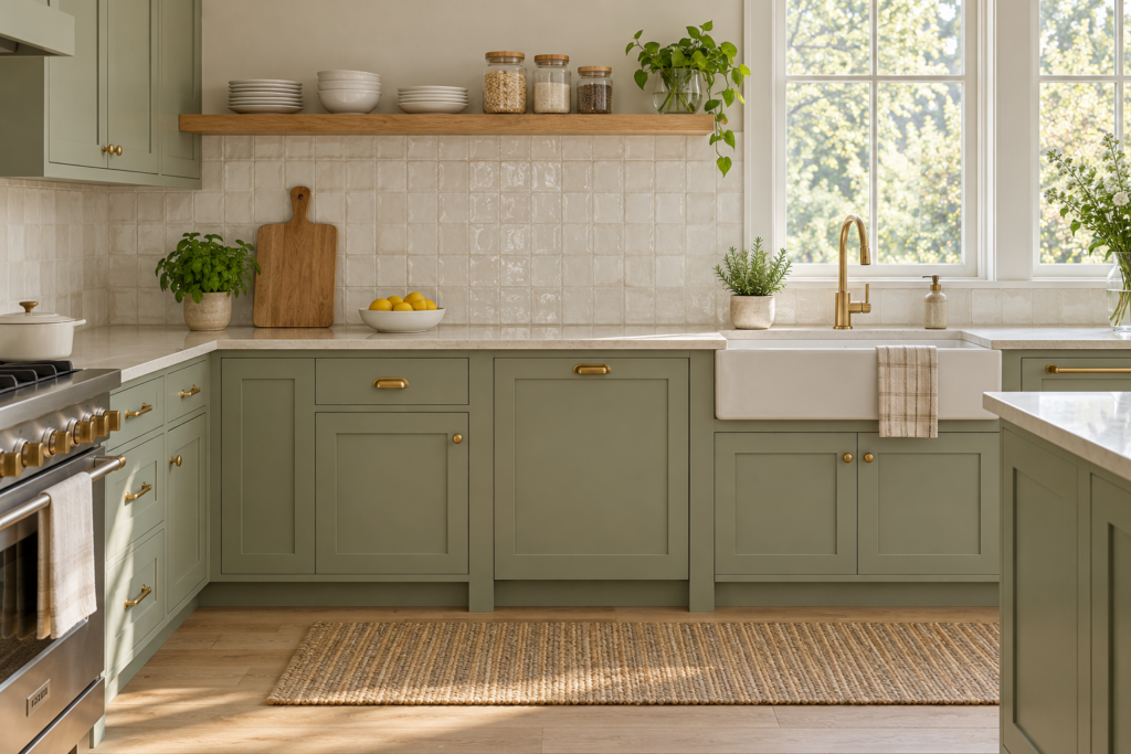 Kitchen with sage green shaker cabinets, cream countertops, brass hardware, and a natural oak open shelf