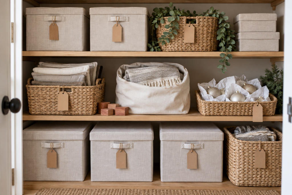 Organized closet shelves with lidded bins and baskets holding folded pillow covers, throws, garlands, and wrapped seasonal decor