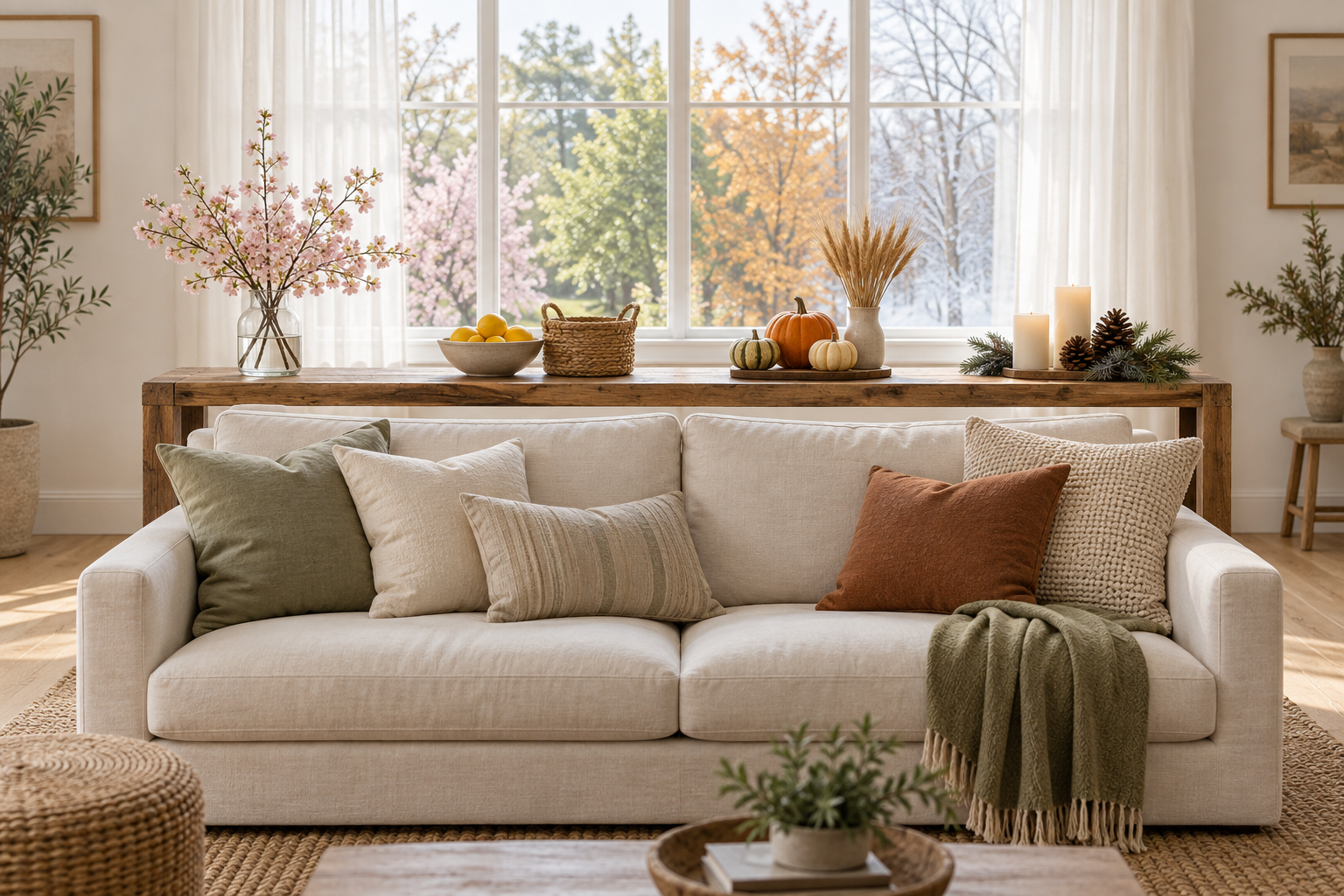 Neutral living room with a console table showing spring blossoms, summer lemons, autumn pumpkins, and winter candles and pine cones