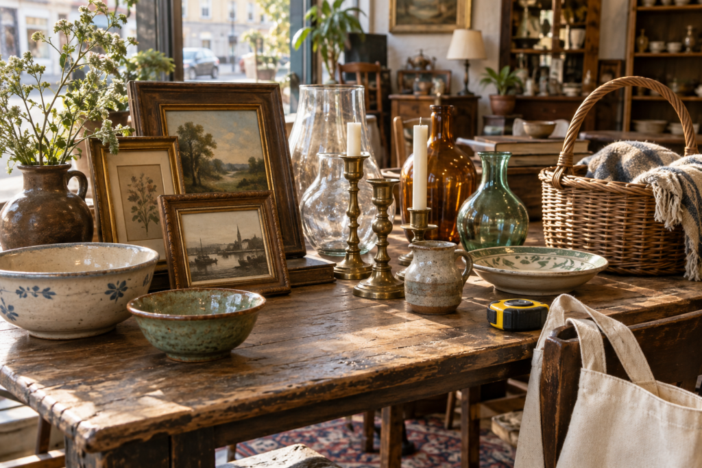 Secondhand shop table with wooden frames, brass candlesticks, vases and a wicker basket