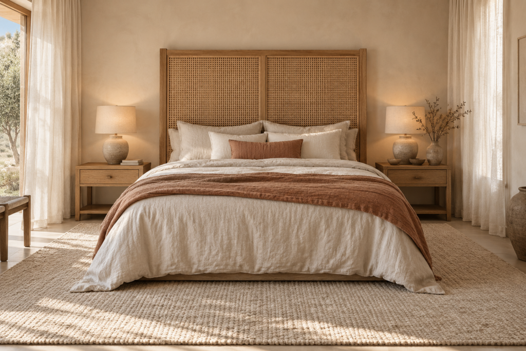 Calm bedroom with a caned headboard, layered linen bedding, oak nightstands with warm lamps, and floor-length curtains