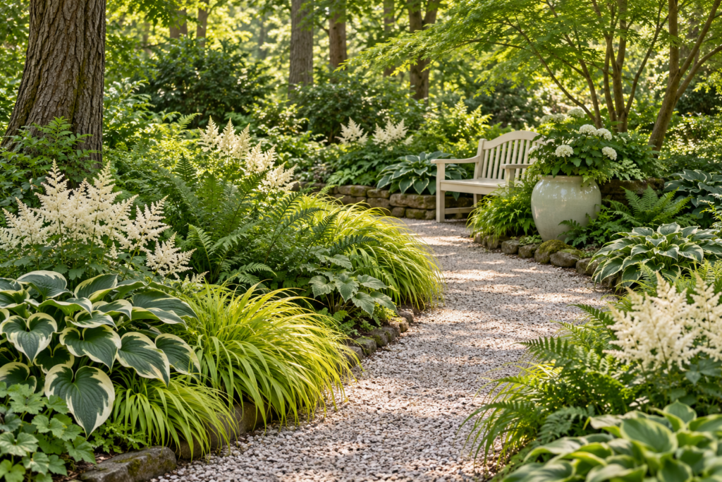Shade garden design with a pale gravel path, gold grass, variegated hostas, white astilbe, and a bench