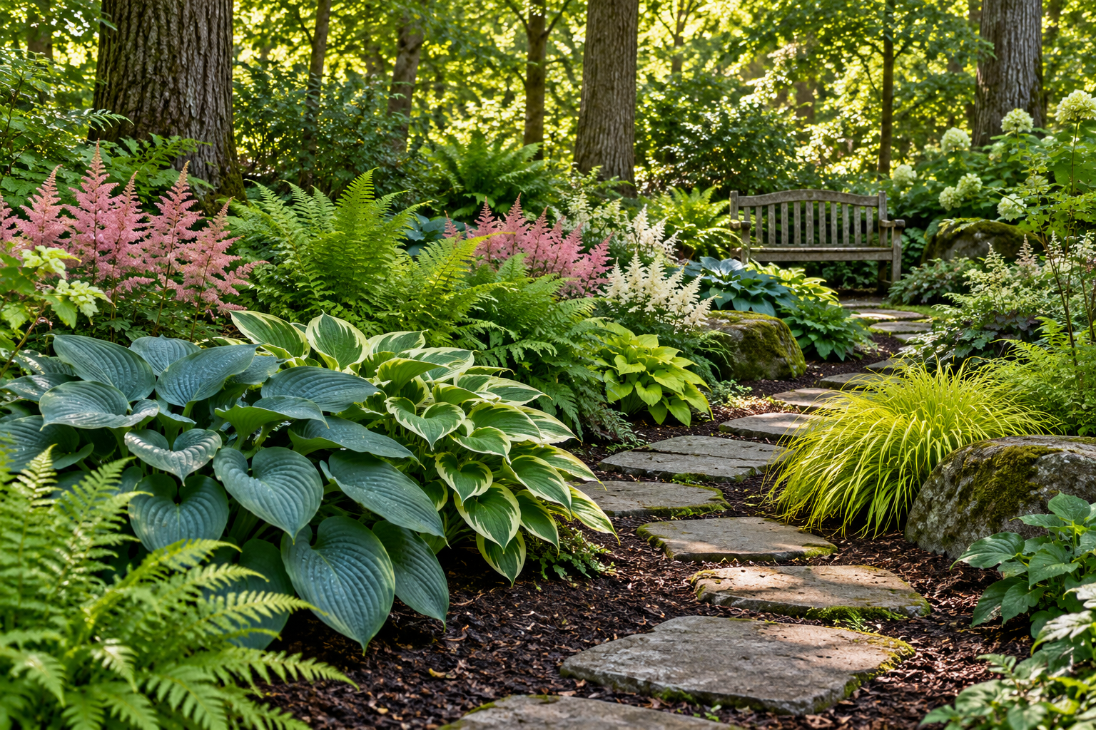 Woodland shade garden with hostas, ferns, astilbe, and golden grass along a stepping-stone path under trees