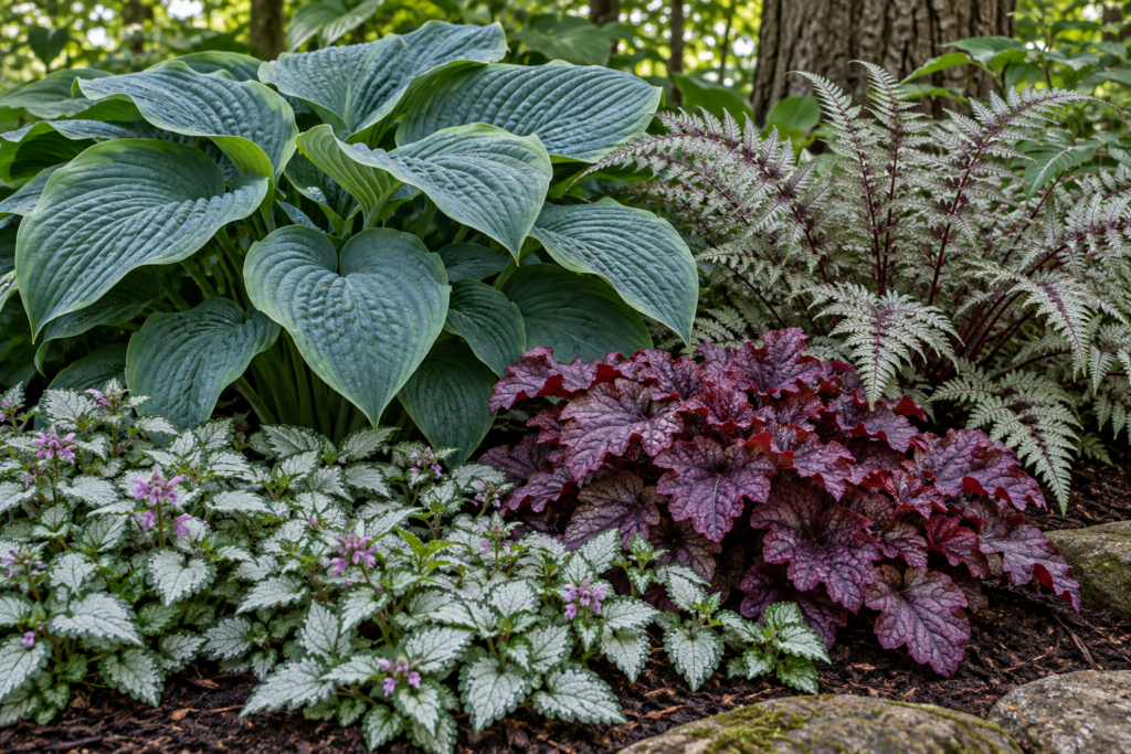 Shade perennial combination of blue hosta, Japanese painted fern, purple heuchera, and lamium groundcover