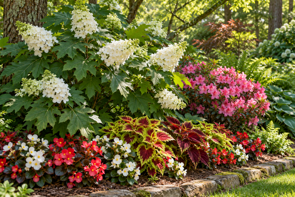 Shade border with oakleaf hydrangea, azalea, begonias, and coleus in dappled light