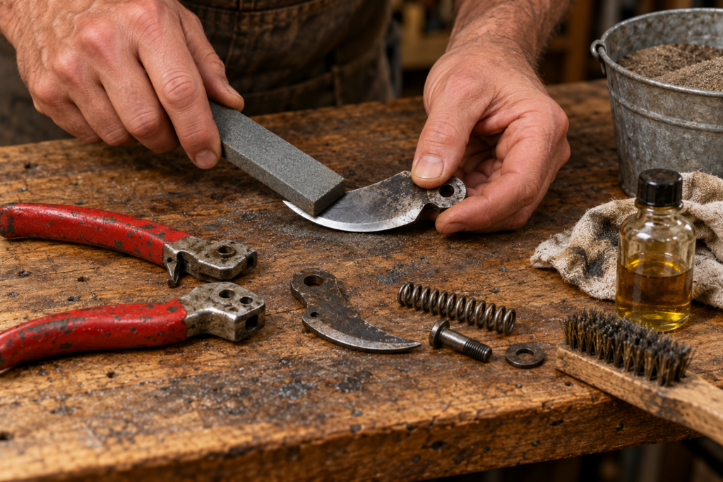 Bypass secateurs being sharpened on a stone beside an oiled rag, machine oil, and a wire brush